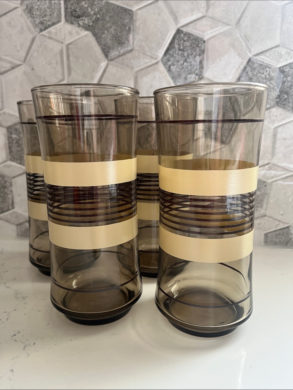 Libbey Smoke Blown Set of 4 Glass Tumblers with Cream and Brown Stripe Accents